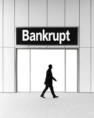 Fototapeta premium Business Bankruptcy Sign with Silhouette of a Man Walking in Urban Environment
