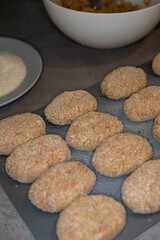 Homemade cutlets before cooking, preparation for freezing, homemade food preparations