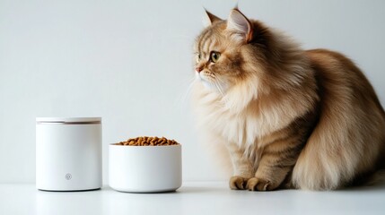 Fluffy cat eyeing food bowl, automatic feeder nearby, white background