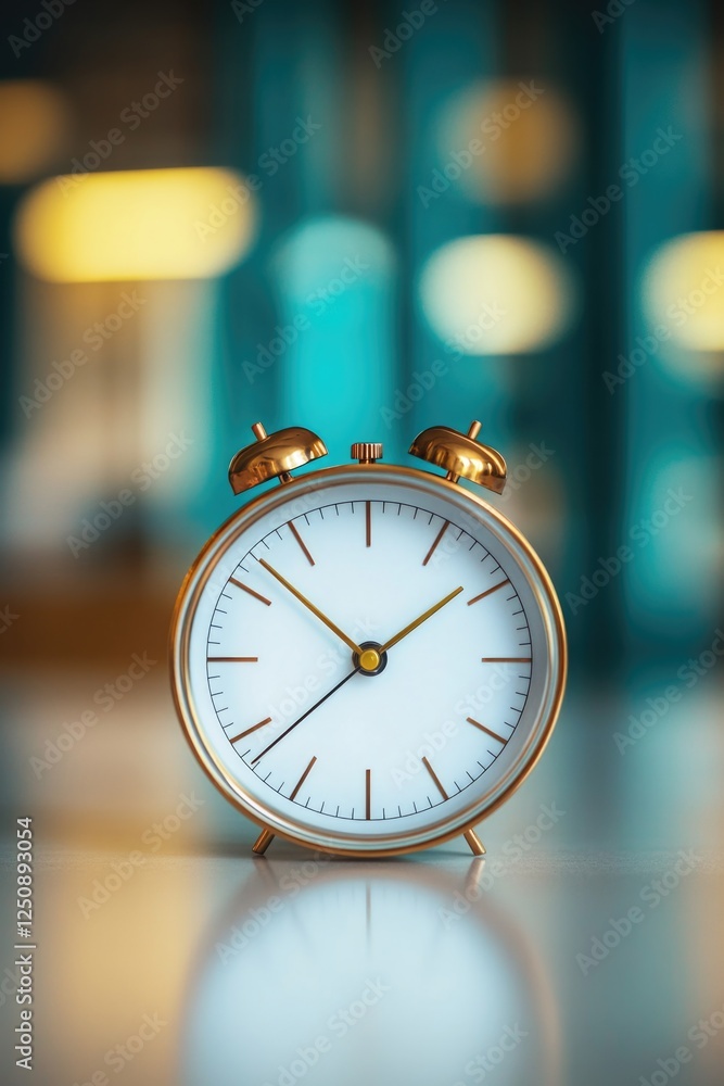Poster a simple alarm clock sitting on a wooden table