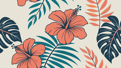 A modern tropical floral pattern with vibrant hibiscus, monstera leaves, and exotic orchids