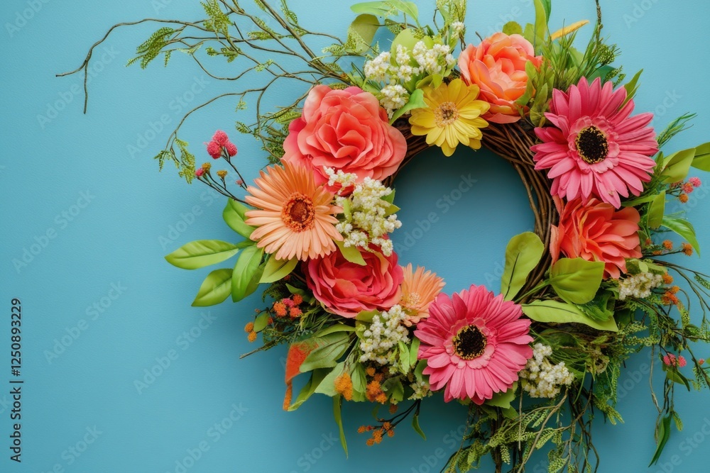 Poster a colorful flower wreath set against a bright blue background, perfect for decorative purposes or as