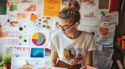 Fototapeta premium Teen in graphic tee and chic trousers surrounded by colorful charts and statistics