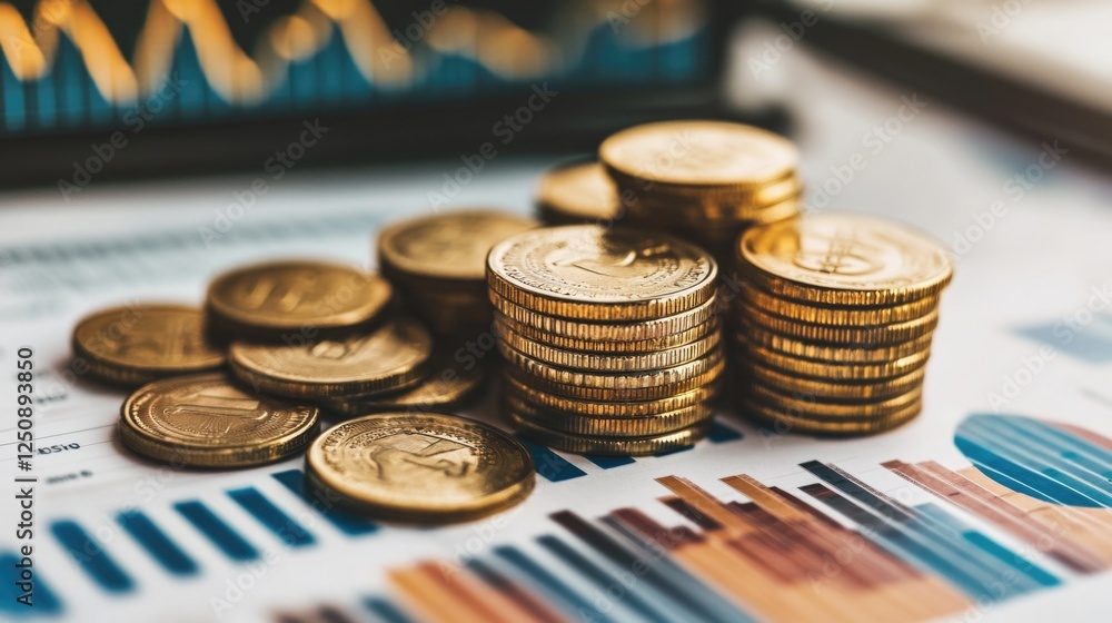 Poster A stack of coins resting on a table surface