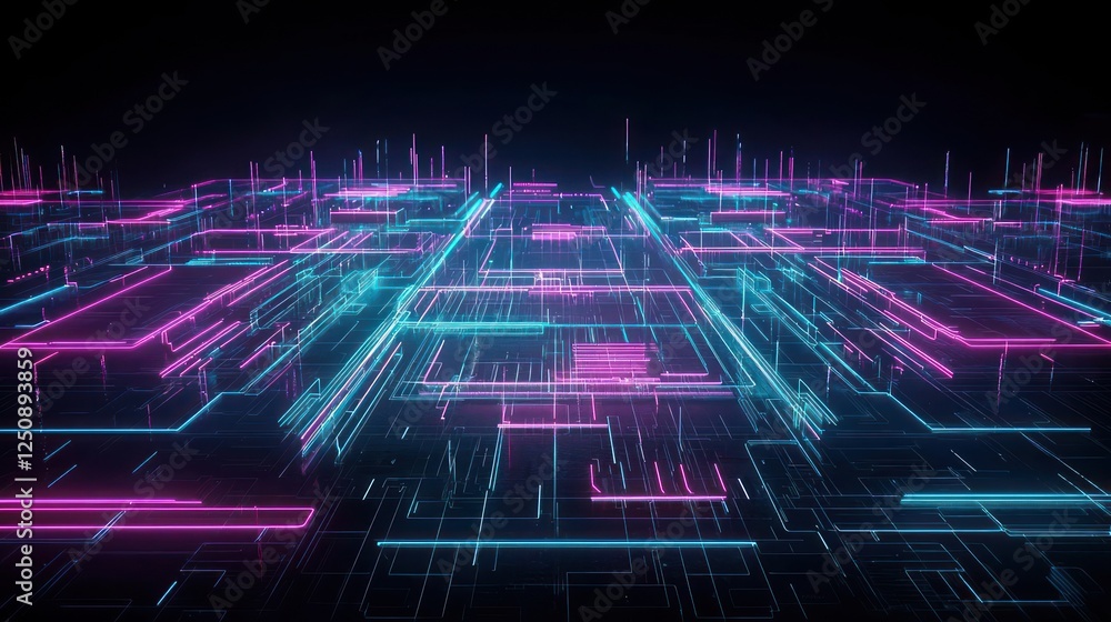 Poster abstract futuristic digital circuit pattern with neon colors