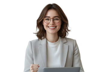 young woman with laptop isolated on white