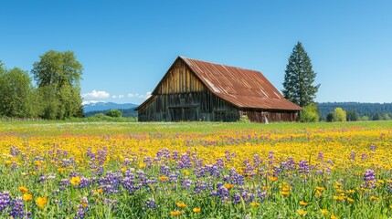 Rustic Barn Surrounded by Vibrant Wildflowers Under Blue Sky