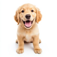 Adorable golden retriever puppy sitting and smiling happily on a white background with bright eyes and fluffy fur