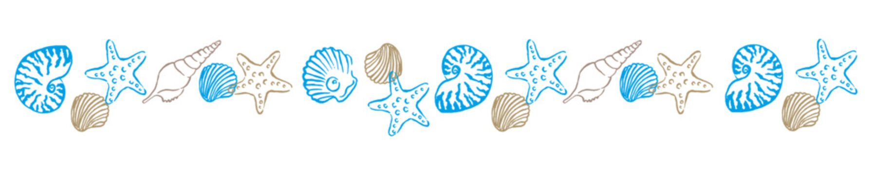 Vector border with seashells, frame of line art tropical sea elements, seashells, starfish