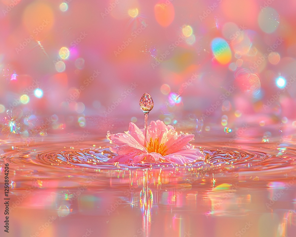 Aufkleber pink flower drop in water, bokeh background, aesthetic image, for use in print or web