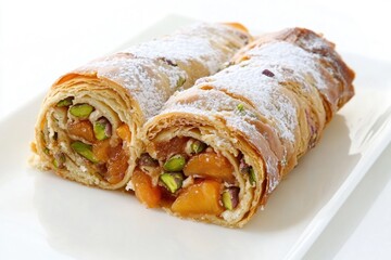 Two sweet buns topped with powdered sugar on a clean white plate