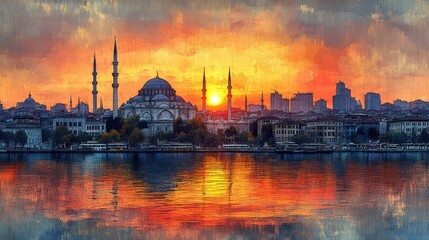 Obraz premium Sunset Mosque Istanbul Cityscape Painting
