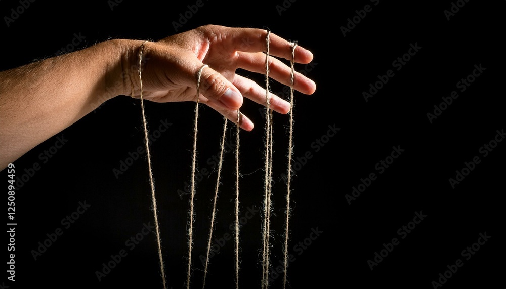Aufkleber a hand manipulating strings, a metaphor for control and manipulation against dark background