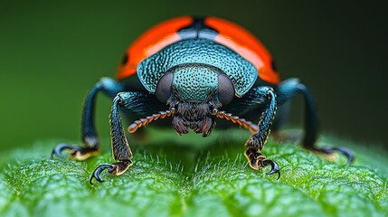 Naklejka premium Red-blue beetle on green leaf, macro shot