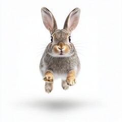 Obraz premium Cute brown rabbit jumping in mid-air with fluffy fur and expressive ears on a white background