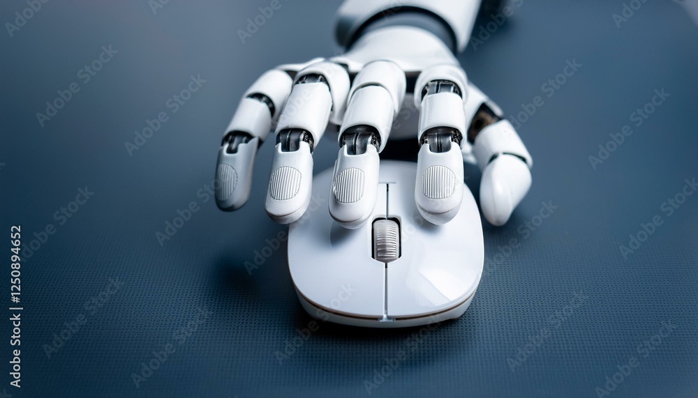 Poster a robotic hand using a computer mouse, highlighting the concept of artificial intelligence and autom