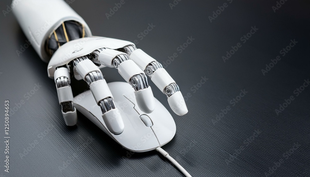 Poster a robotic hand, with articulated fingers, is using a computer mouse on a dark surface. the robot is 