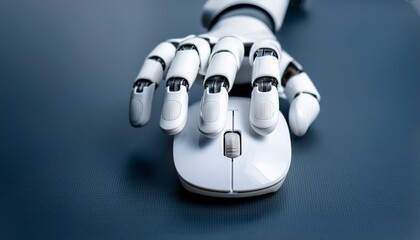 A robotic hand using a computer mouse, highlighting the concept of artificial intelligence and automation. The robotic hand is depicted in a close-up.