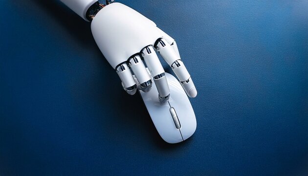 robotic hand using computer mouse on blue background - Powered by Adobe