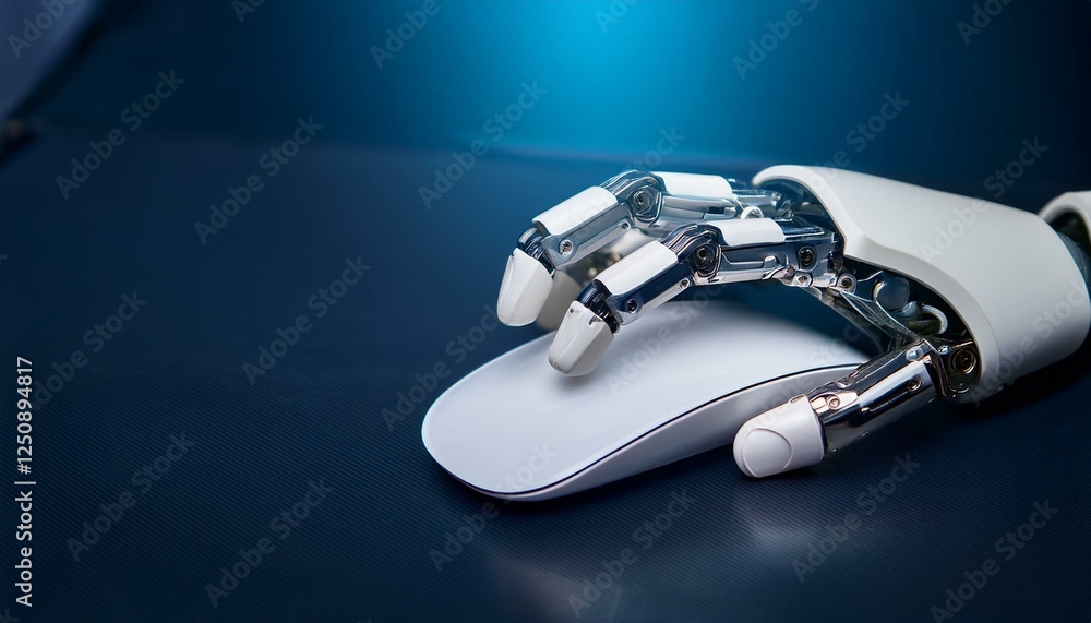 Poster robotic hand using computer mouse on dark blue background