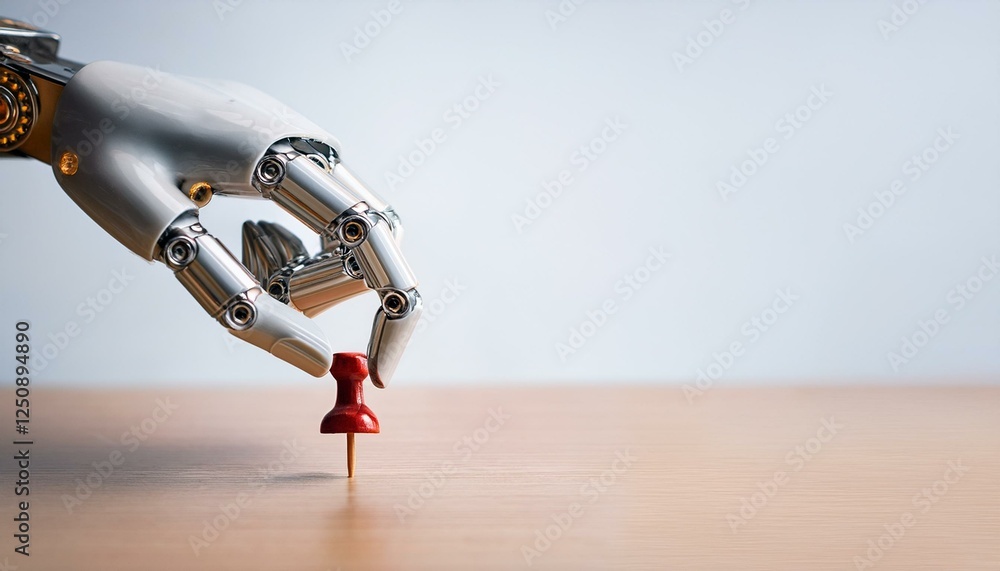 Aufkleber robotic hand delicately placing a red push pin on a wooden surface. the image evokes a sense of prec