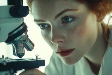 Focused female scientist intensely observing through a microscope, engrossed in scientific research.