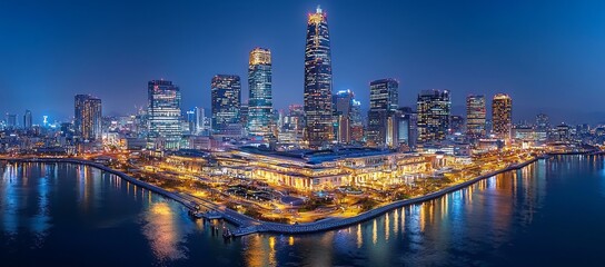 Obraz premium Night cityscape skyline illuminated buildings
