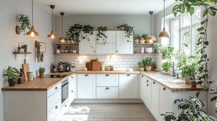 Bright White Kitchen Decorated With Lush Greenery