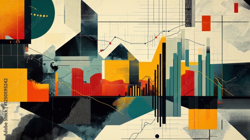 Poster abstract geometric composition with charts and graphs, depicting data visualization and financial an