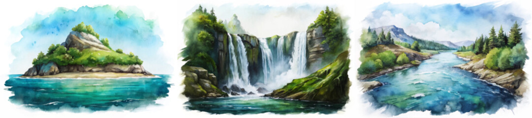 Scenic watercolor landscapes, vibrant blue waters, lush green trees, majestic waterfalls, tranquil river views. © Valeriia