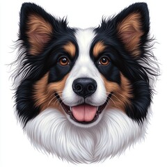 Fototapeta premium Detailed Portrait of a Happy Tricolor Dog with Black, White, and Tan Fur on a White Background