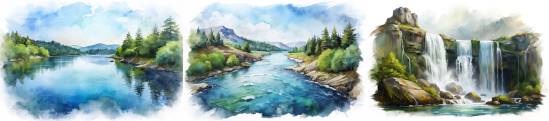 Fototapeta premium Scenic watercolor landscapes, tranquil river views, lush green forests, majestic waterfalls, serene nature illustrations.