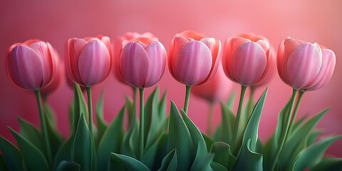 Fototapeta premium Row of Pink Tulips with Green Leaves Against a Soft Pink Background