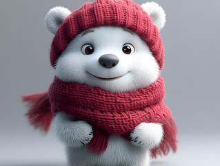 Adorable Polar Bear Wearing Winter Hat and Scarf on White Background