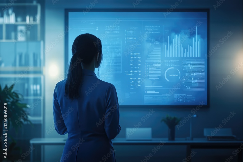 Aufkleber a woman in a blue suit analyzes data displayed on a large screen showing various charts and graphs.