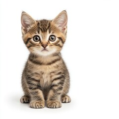 Cute playfully curious tabby kitten sitting on white background with bright expressive eyes and soft fur