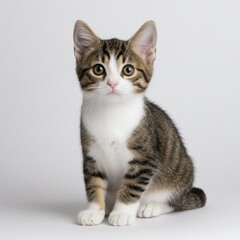 Obraz premium Adorable tabby kitten with bright eyes and playful expression on light background