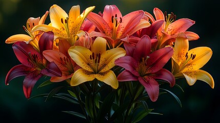 Fototapeta premium Orange and red lilies bouquet, garden backdrop, floral arrangement, nature beauty, card design