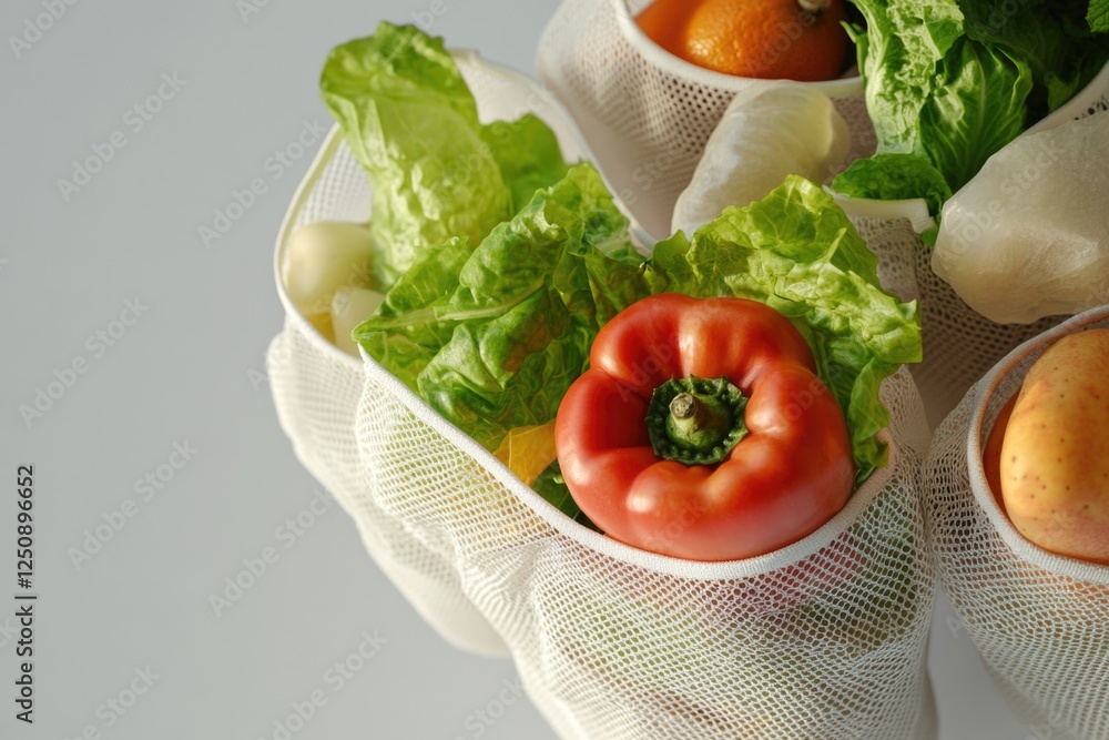 Poster A variety of fresh vegetables packed into a bag, ideal for use as a grocery store prop or adding to scenes involving meal preparation