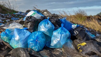 Illegal dumping site with numerous blue plastic bags amidst other waste. The scene highlights environmental pollution and irresponsible waste disposal. 