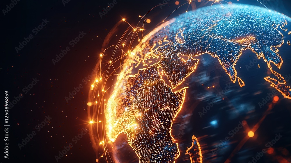 Poster 3d globe showcasing a glowing network of connection lines between major cities, representing global 