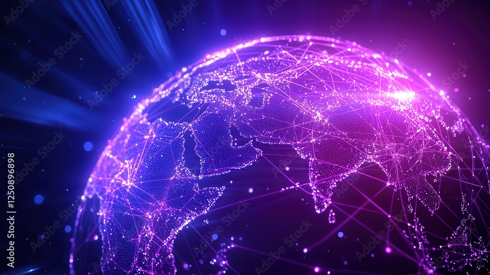 Poster 3d globe showcasing a glowing network of connection lines between major cities, representing global 