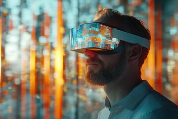A bearded man experiences immersive virtual reality, surrounded by a vibrant, blurred cityscape.