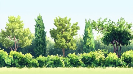 Variety of green trees and bushes in a flat vector illustration