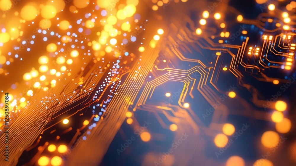 Poster intricate circuit macro board design with vibrant orange and blue pathways, illustrating modern tech