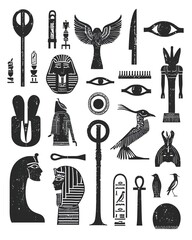 An illustration featuring various Egyptian hieroglyphs arranged in a random, artistic layout