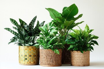 Three different types of plants placed in woven baskets