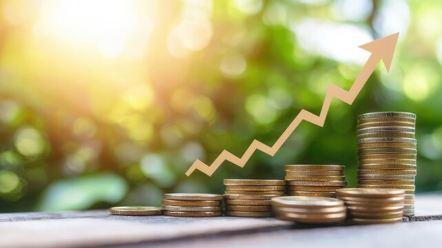 Golden coins stacking against rising financial graph, representing wealth accumulation and economic prosperity background of upward arrows and a line chart showing steady financial growth