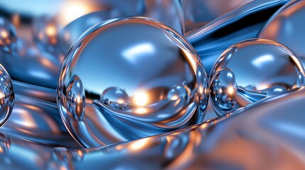 Abstract 3D render of shiny, silver spheres and flowing, metallic shapes.