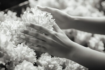 Woman's hands delicately caress soft, white flowers, a monochrome study of beauty and nature.